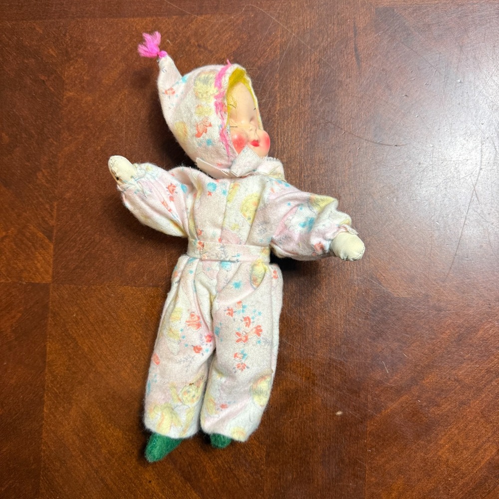 Vintage 1950s Pajama Pixie Doll Sleeping Vinyl Face Plush Cloth Body Elf
